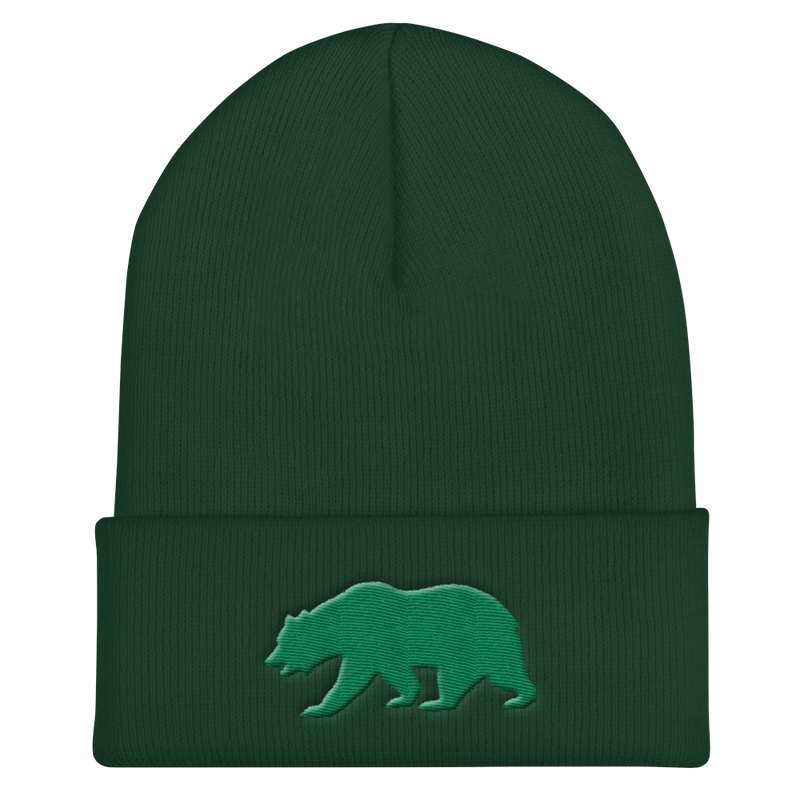 Cuffed Beanie - Brent Bear. Dark green, raised embroidery.