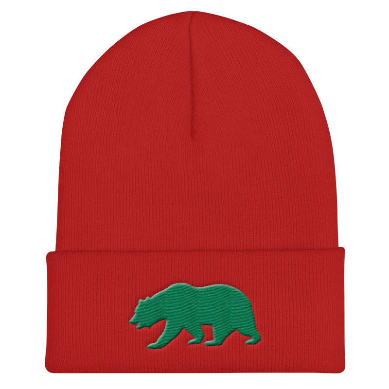 Cuffed Beanie - Brent Bear. Dark green, raised embroidery.